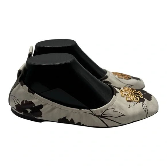 TORY‎ BURCH Women's Cream/Brown Leather Elastic Britten Ballet Flats Size 7.5